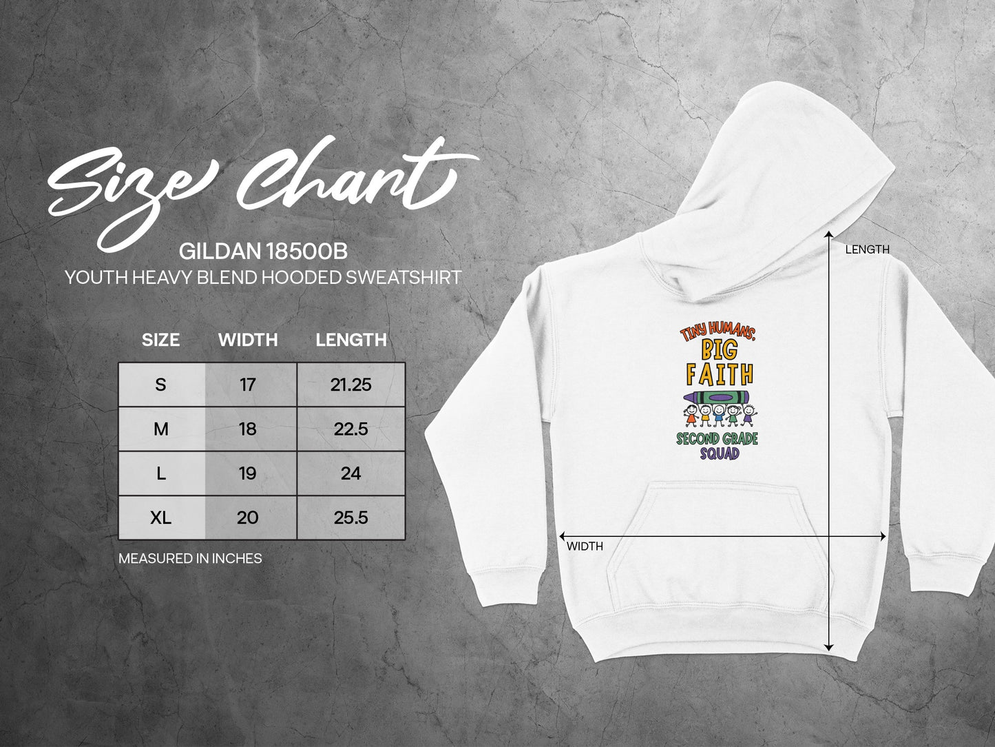 Second Grade Squad Youth Hooded Sweatshirt Size Chart