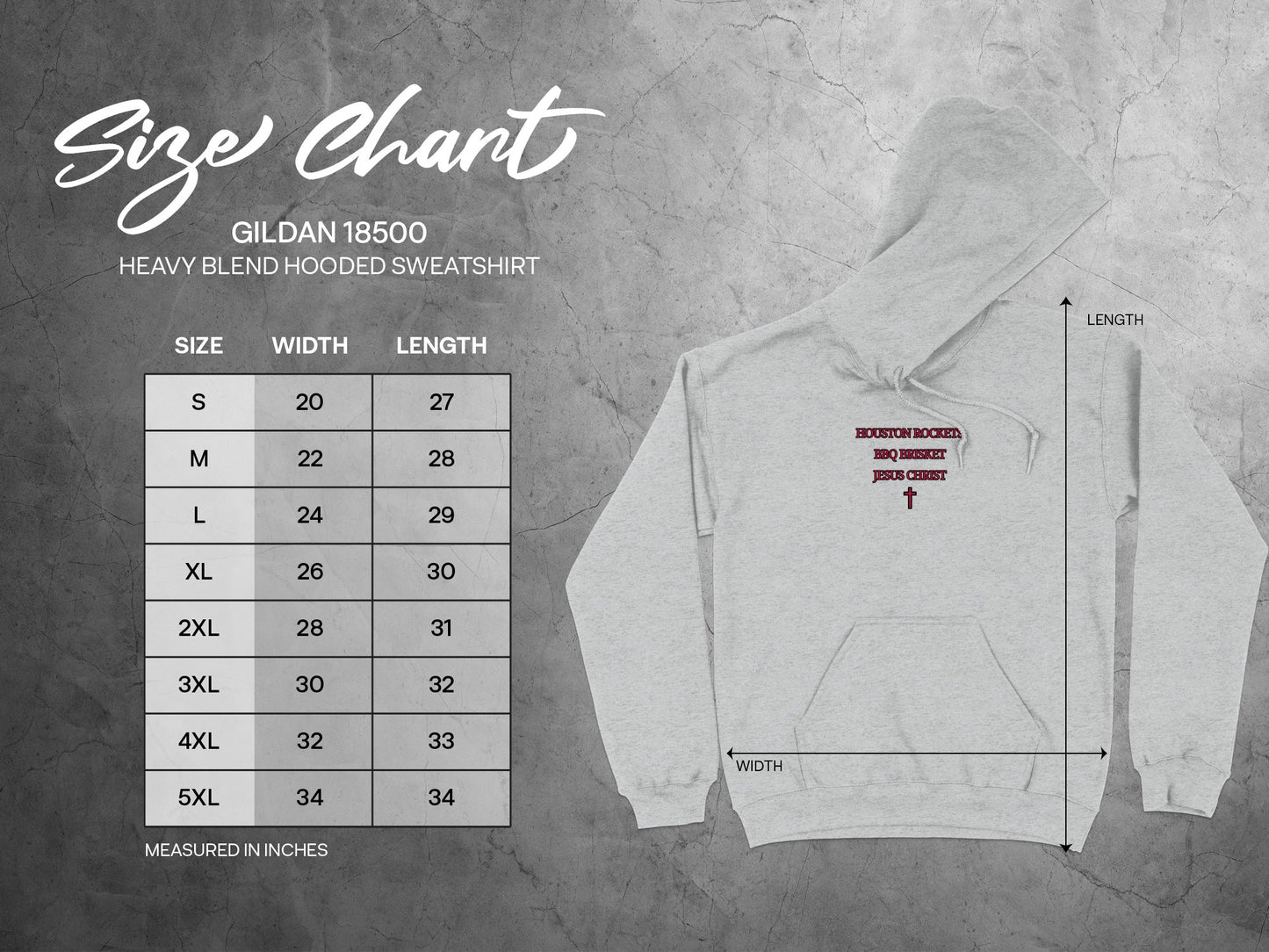 Size Chart for Gildan 18500 Heavy Blend Hooded Sweatshirt