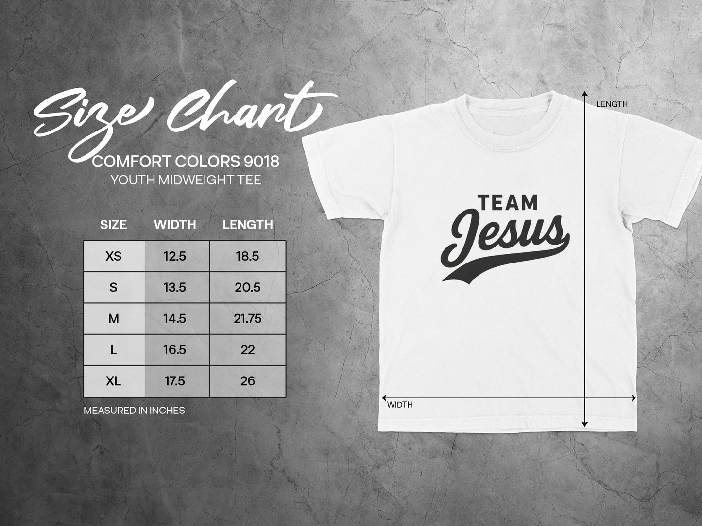 Team Jesus Youth Midweight Tee with Size Chart