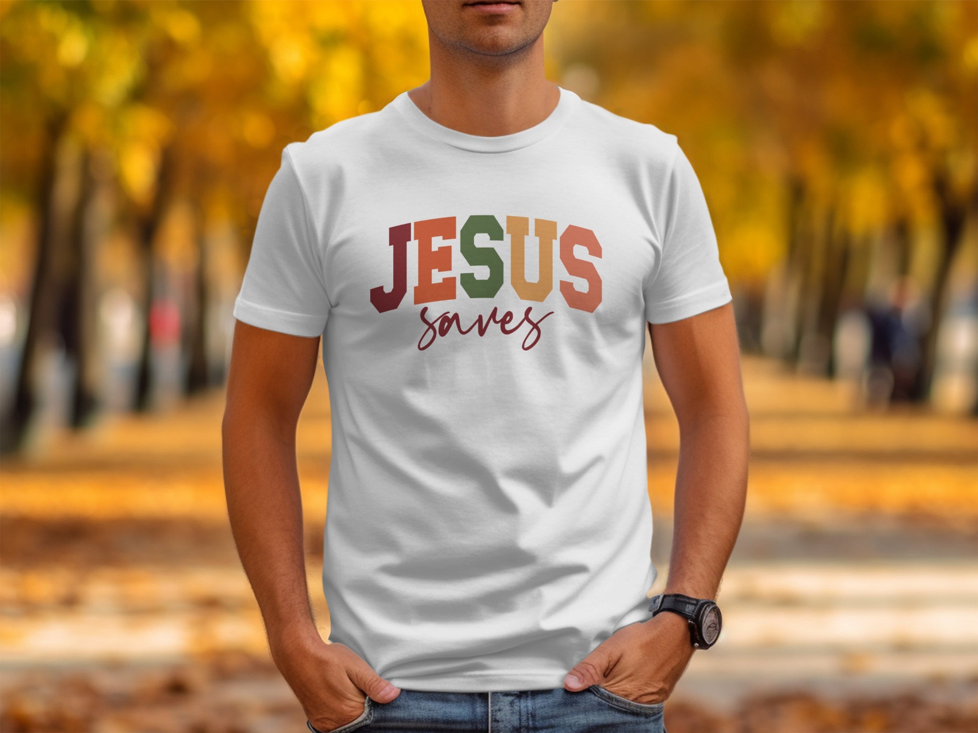 JESUS Saves Multicolored Autumn Design Shirt