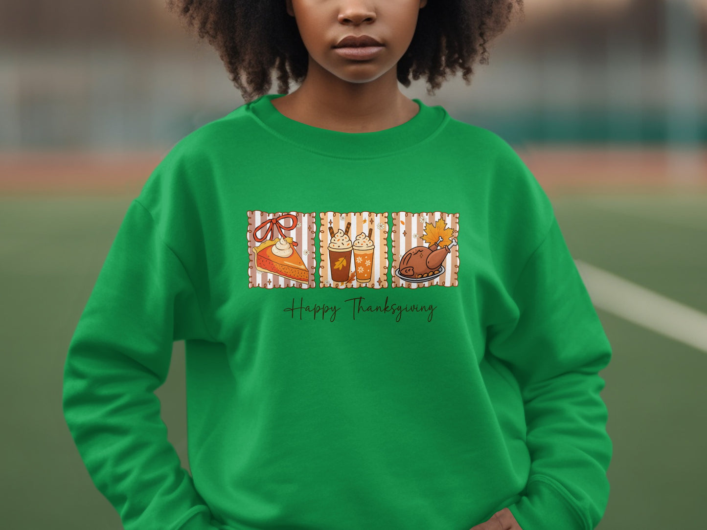 Happy Thanksgiving Sweatshirt with Pie and Turkey Design