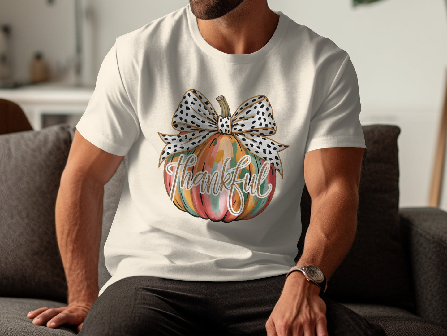 Thankful Graphic T-Shirt with Pumpkin and Bow Print
