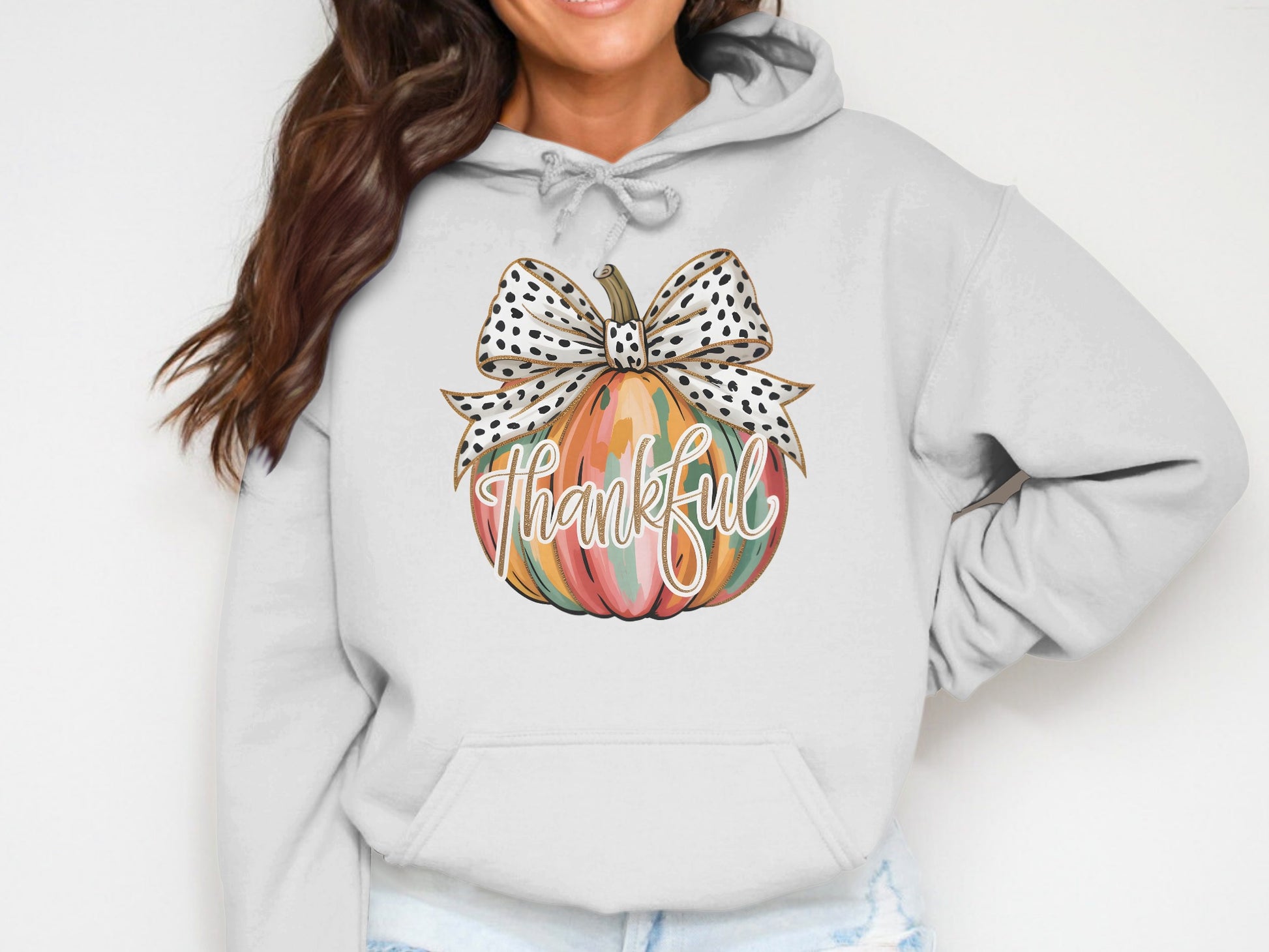 Thankful Graphic Hoodie with Bow and Pumpkin Design