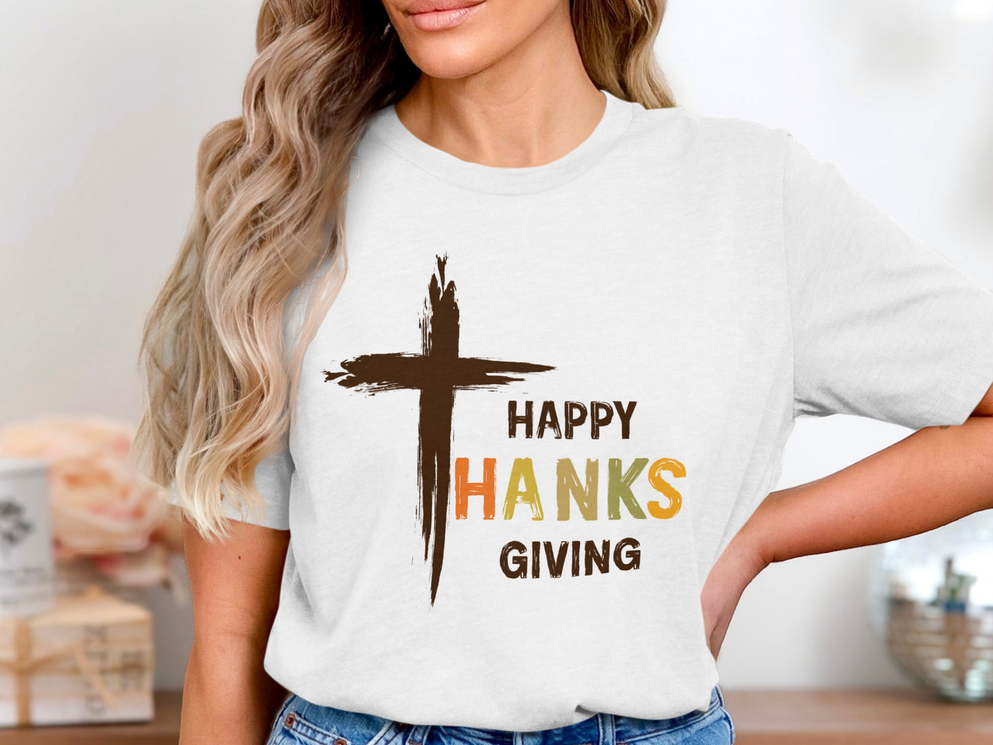 Happy Thanksgiving Graphic Tee with Faith Cross Design