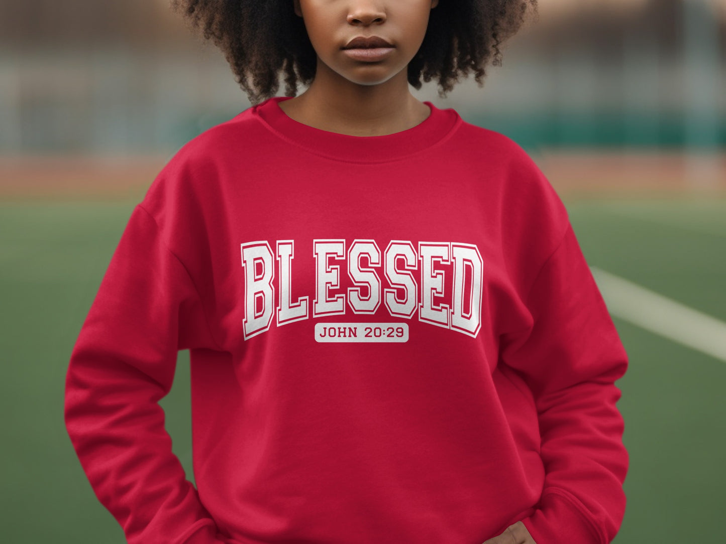 RED BLESSED JOHN 20:29 PRINTED SWEATSHIRT UNISEX