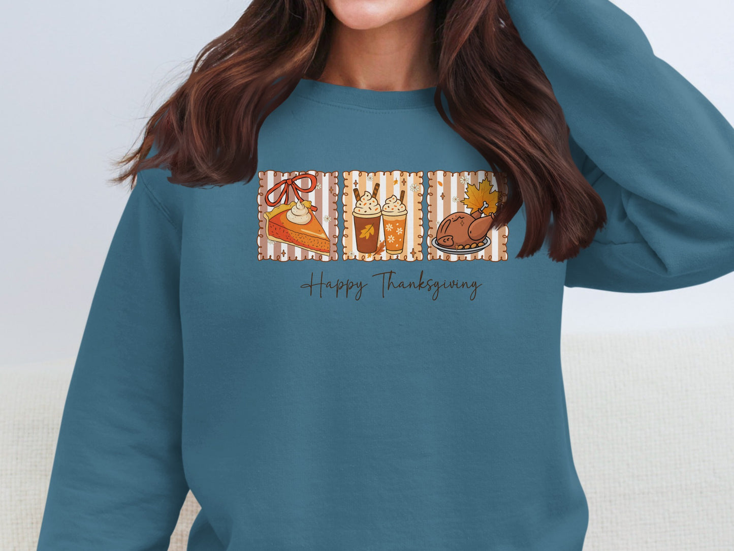Festive Thanksgiving Design Blue Crewneck Shirt