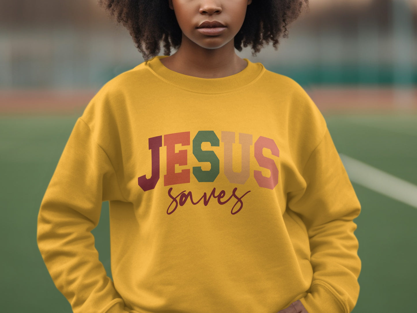 Jesus Saves Inspirational Sweatshirt with Colorful Text