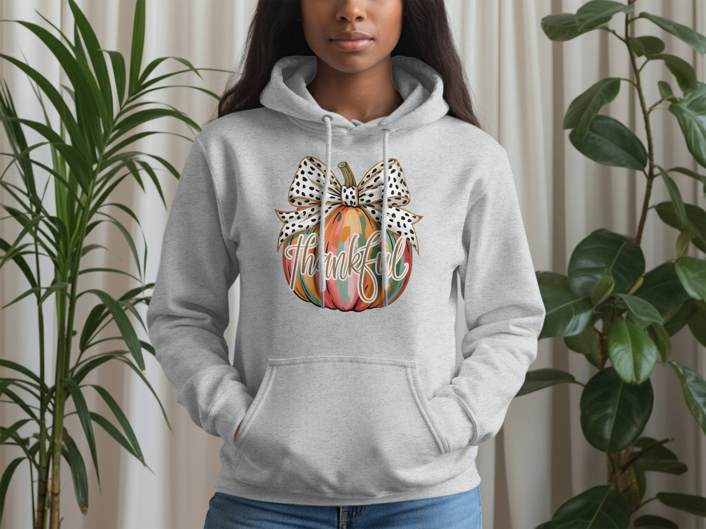 Thankful Pumpkin Hoodie With Decorative Bow Design