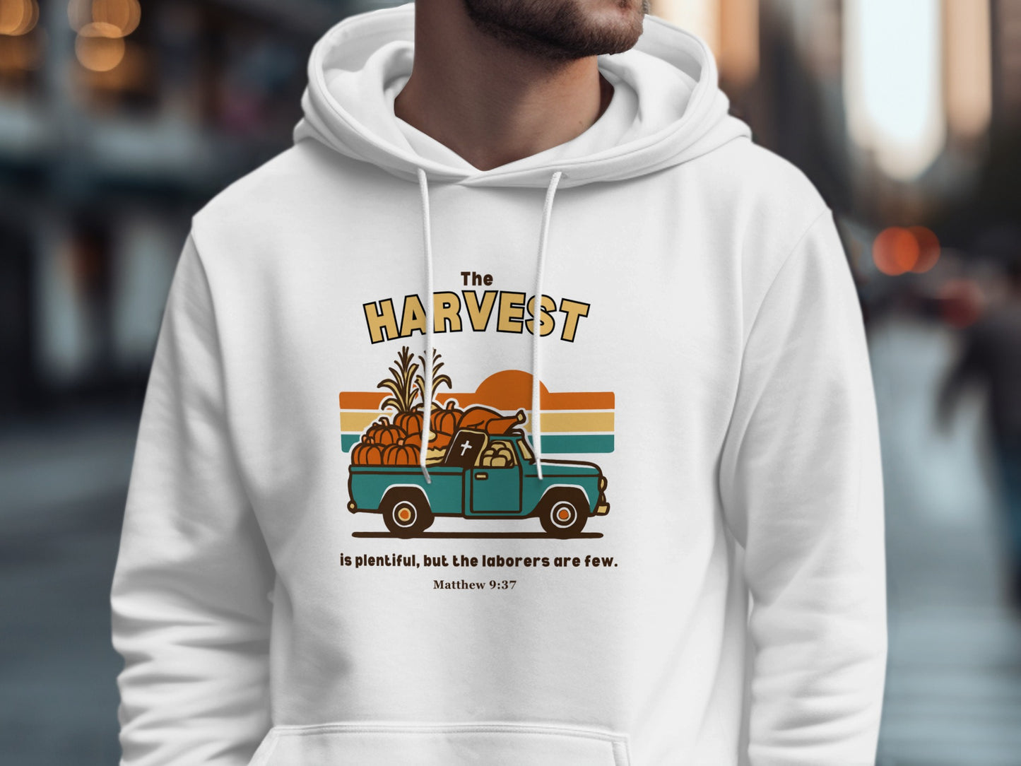 The Harvest is Plenty Hooded Sweatshirt with Retro Truck Design