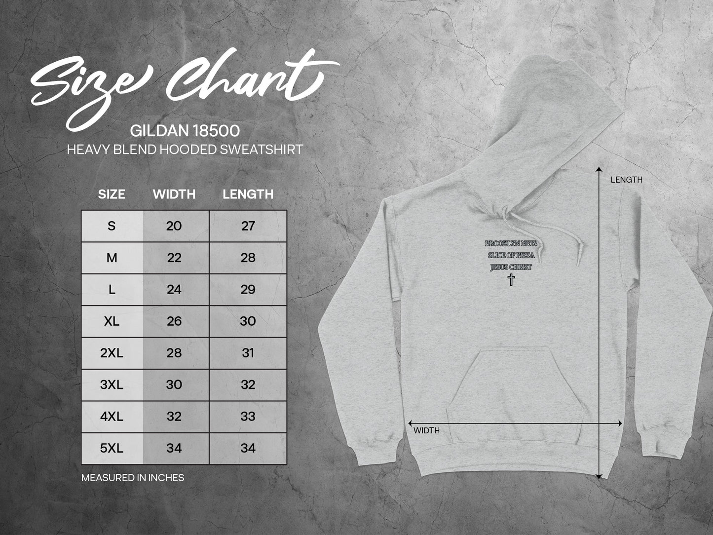 Gildan Heavy Blend Hooded Sweatshirt with Size Chart