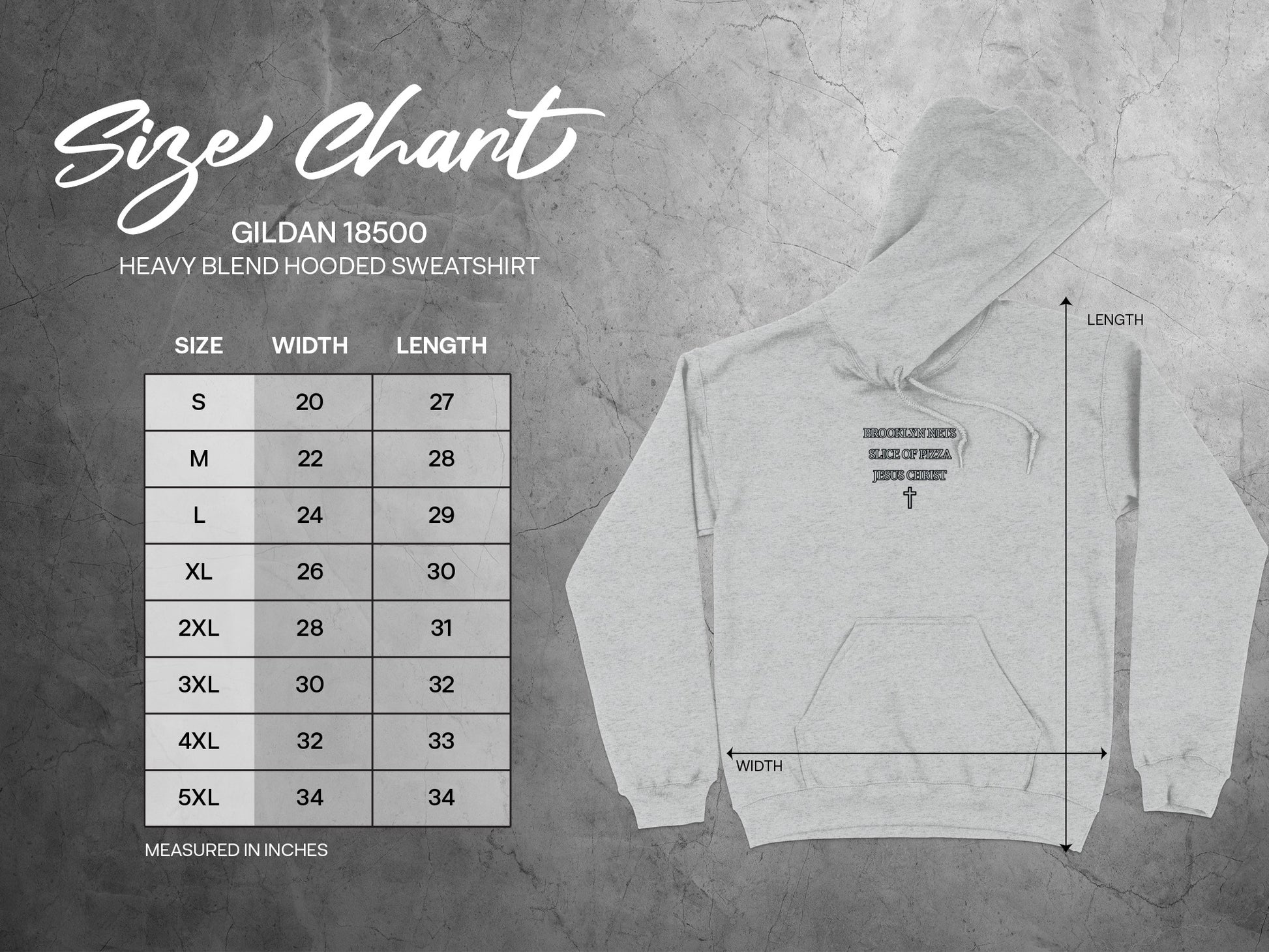 Gildan Heavy Blend Hooded Sweatshirt with Size Chart
