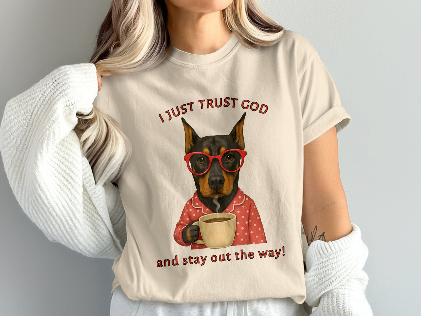 Dog Wearing Glasses with Coffee Trust God Shirt