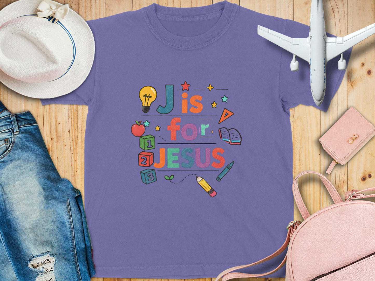 Purple J is for Jesus graphic alphabet t-shirt