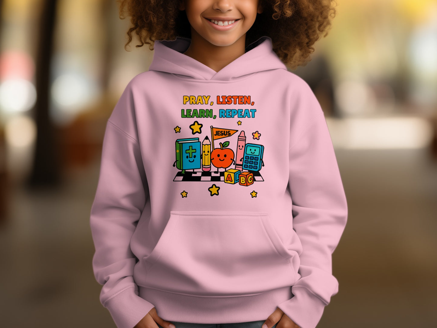 Pray Listen Learn Repeat Jesus Kids Hoodie