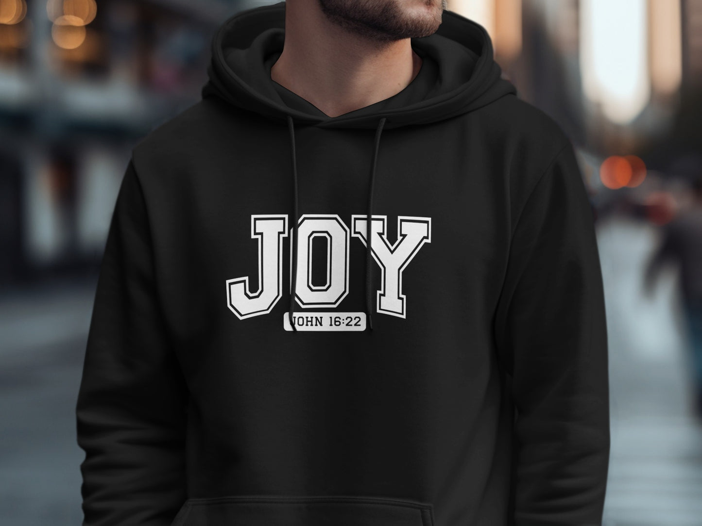 Joy John 16:22 Black Hoodie with Bold White Letters