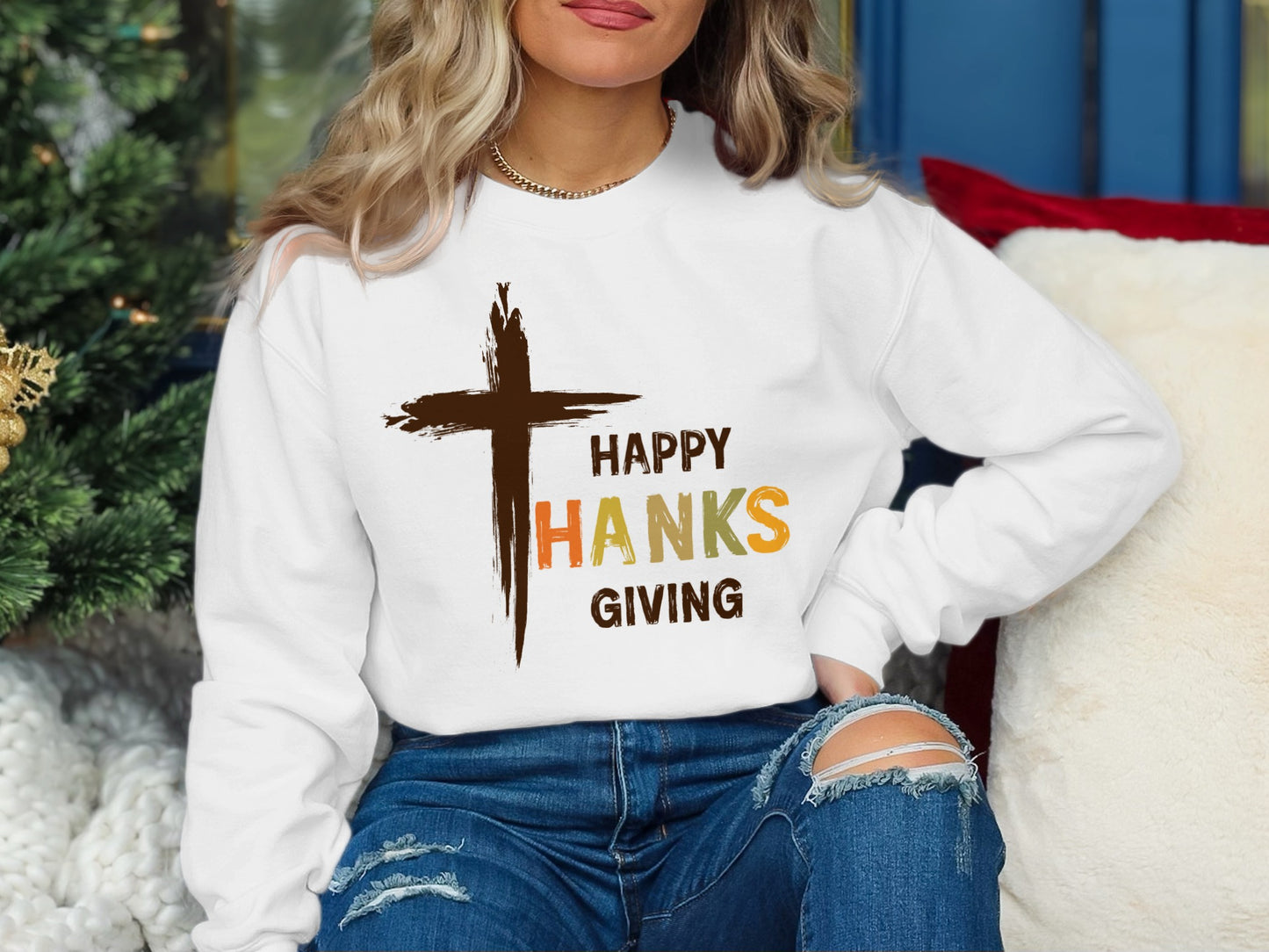 Happy Thanksgiving Cross Graphic Sweatshirt