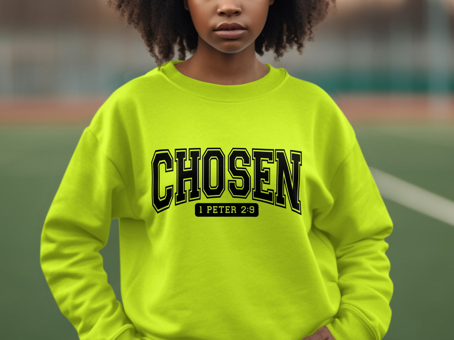 Bold Neon Sweatshirt with CHOSEN 1 Peter 2:9 Design