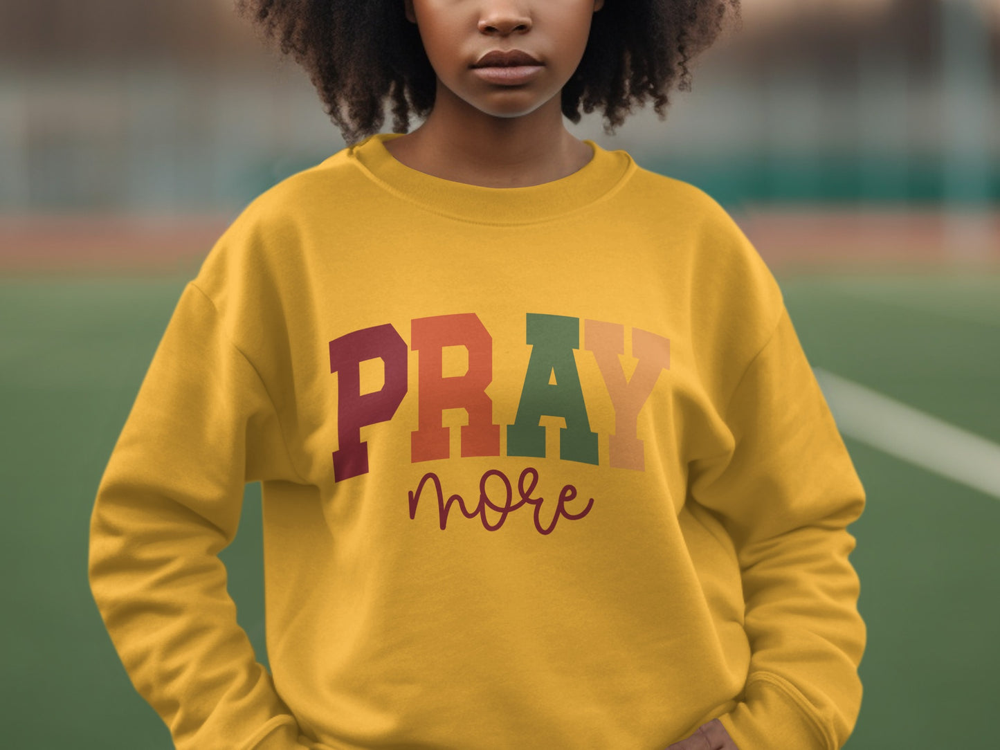 Vibrant Pray More Sweatshirt with Bold Multicolor Print