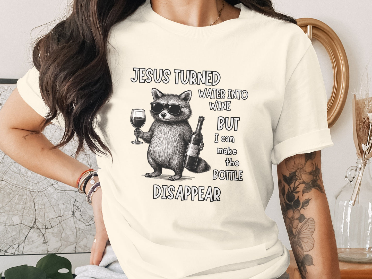 Jesus Turned Water into Wine Funny Raccoon T-shirt