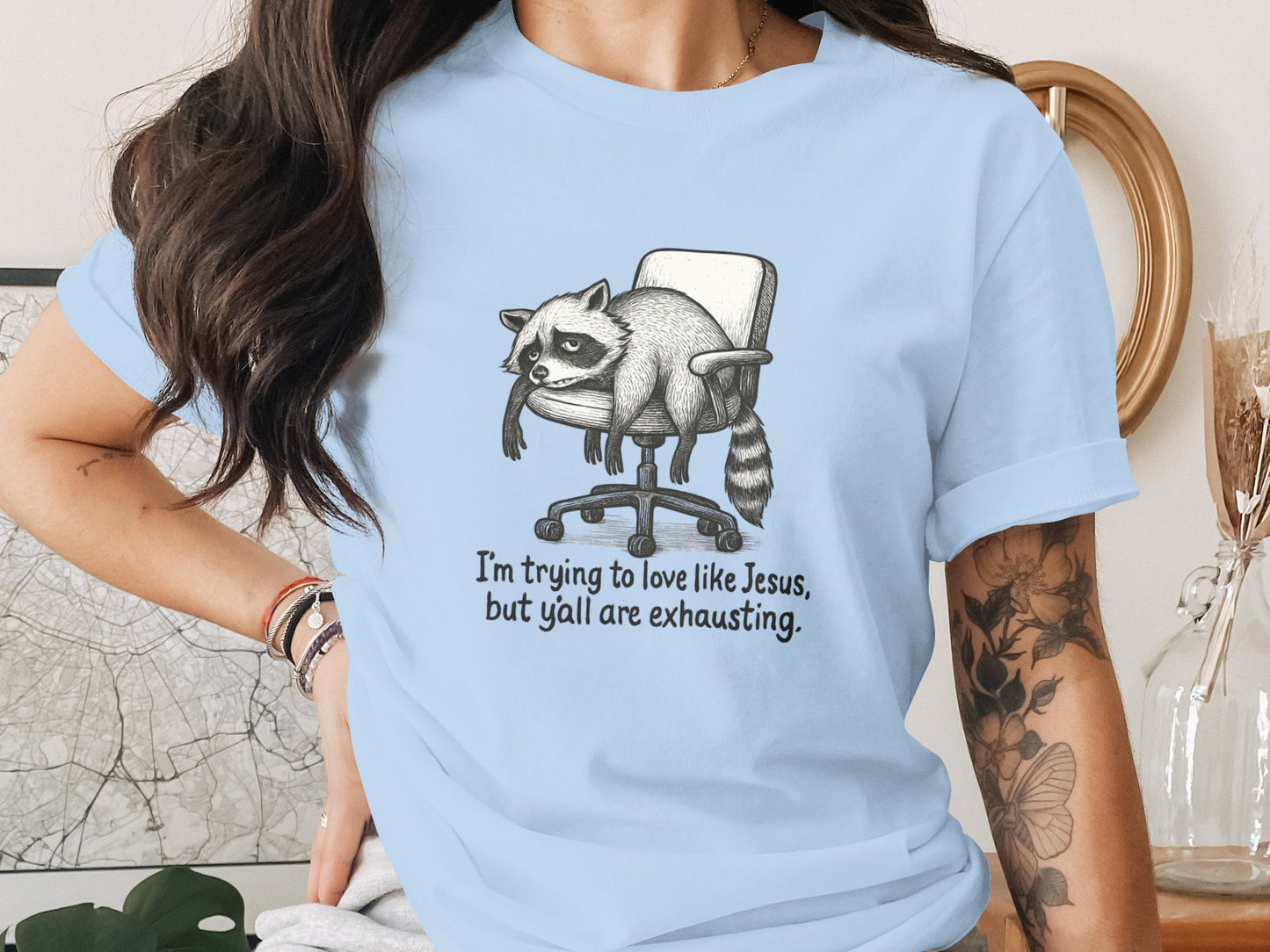 I'm trying to love like Jesus funny raccoon t-shirt