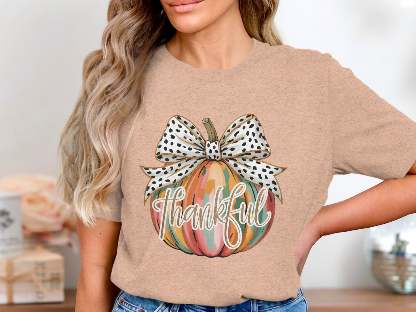 Thankful Pumpkin with Polka Dot Bow Fashion Shirt