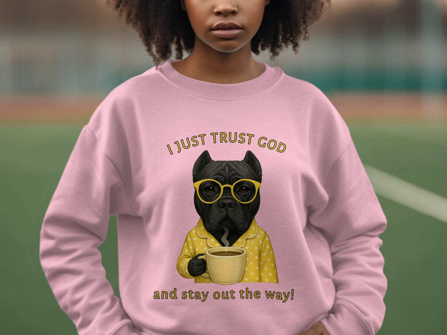 Trendy Sweatshirt with I Just Trust God Graphic Design