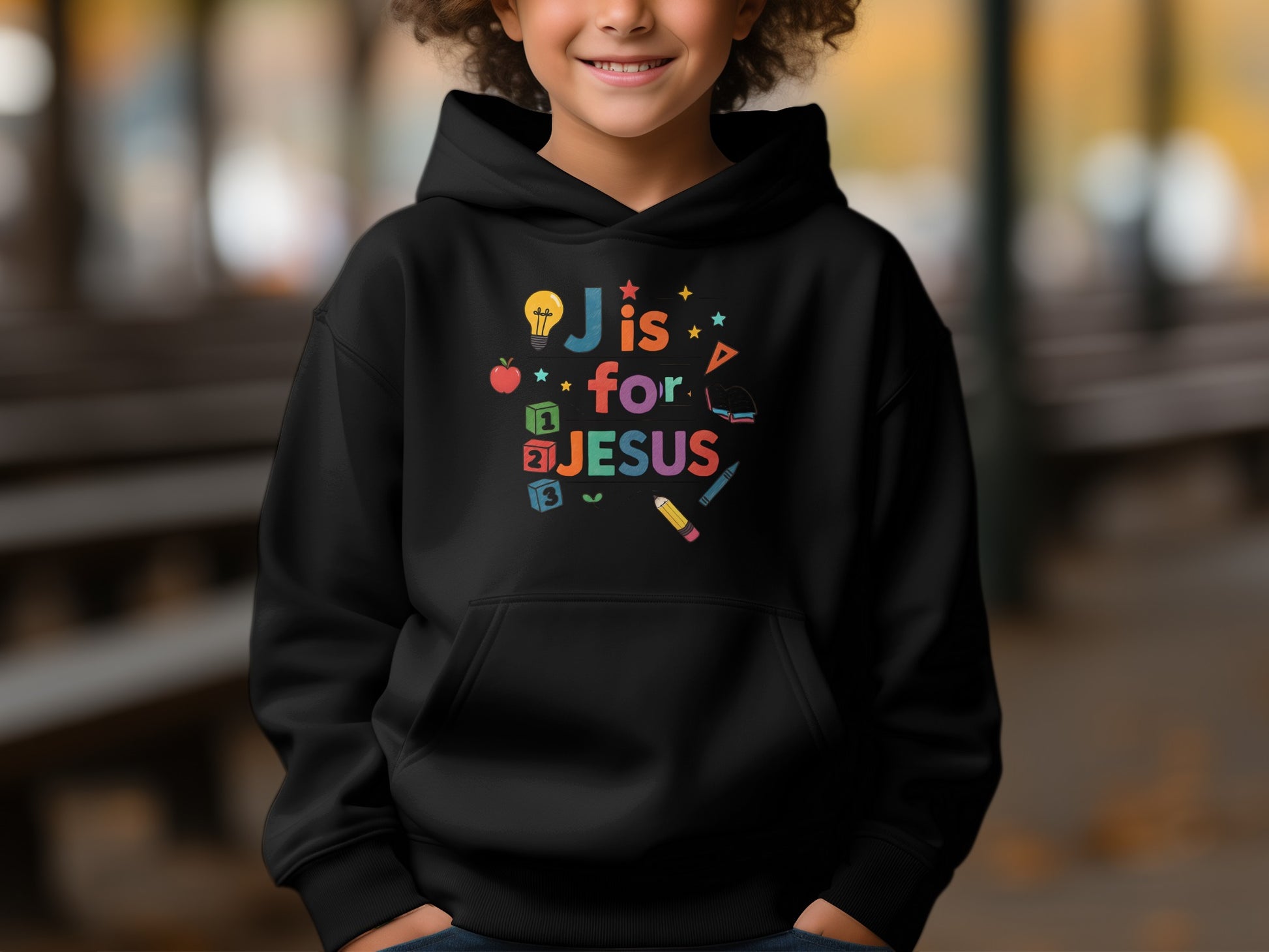 J is for Jesus Youth Hoodie with Colorful Icons