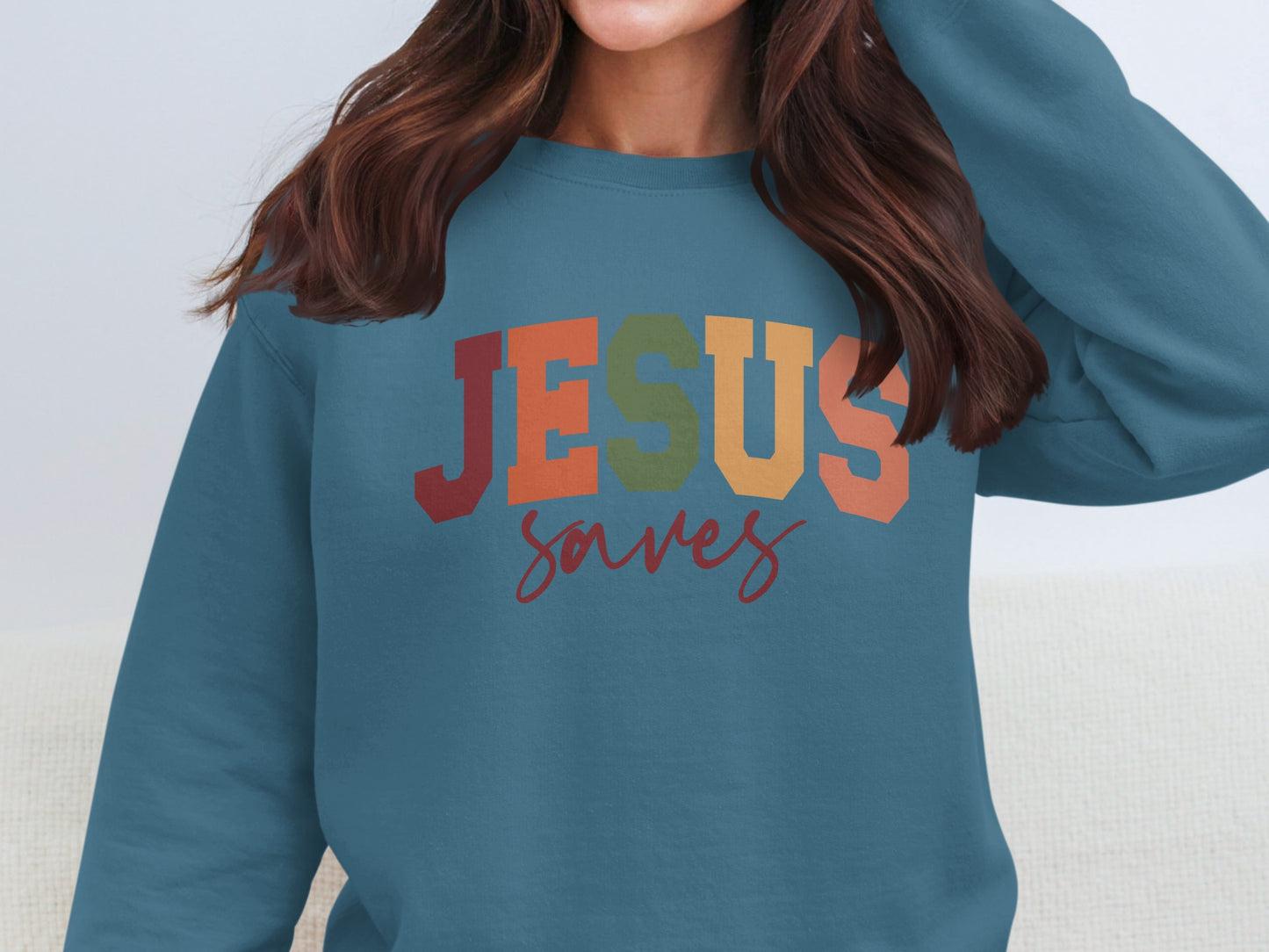 Jesus Saves Colorful Text Printed Sweatshirt