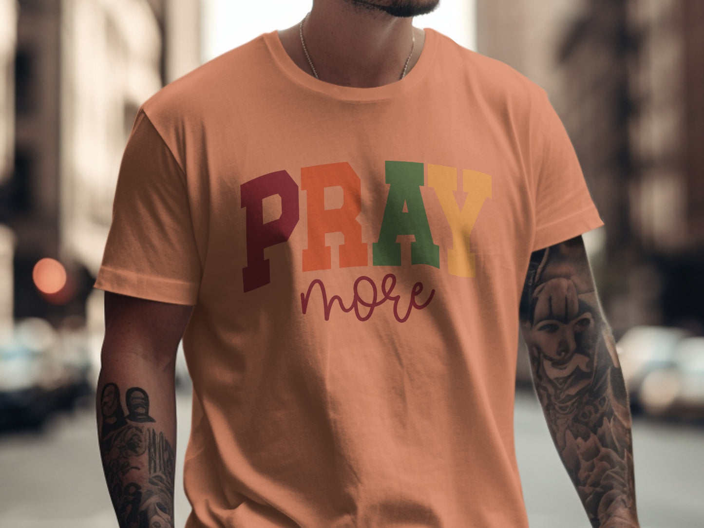 Colorful Pray More Graphic T-Shirt for Inspirational Wear