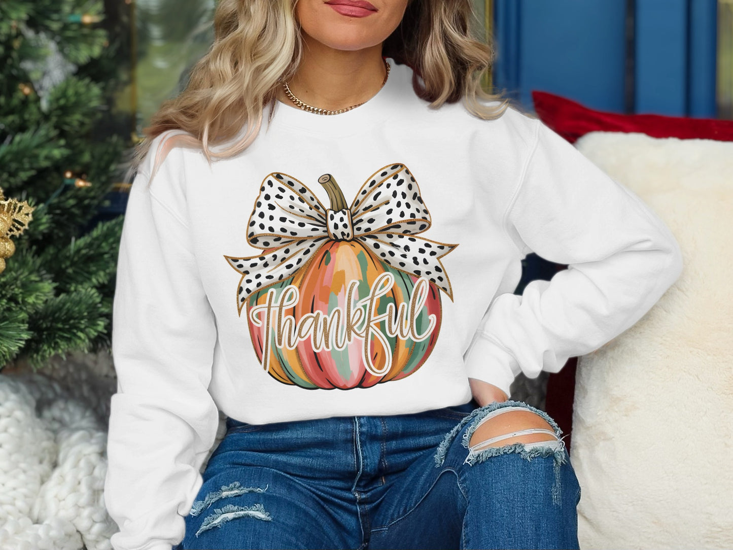 Thankful Pumpkin and Bow Print Long Sleeve Shirt