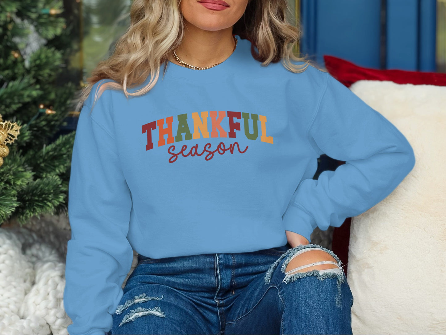 Thankful Season Text Blue Sweatshirt