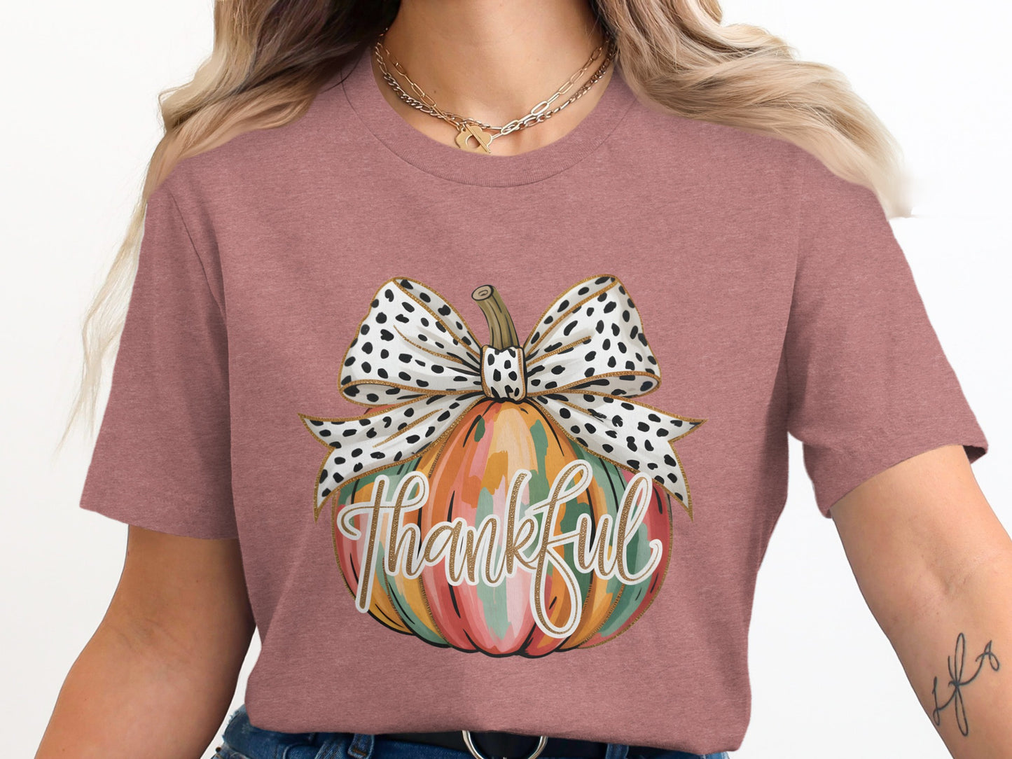 Thankful Pumpkin With Polka Dot Bow Graphic Tee