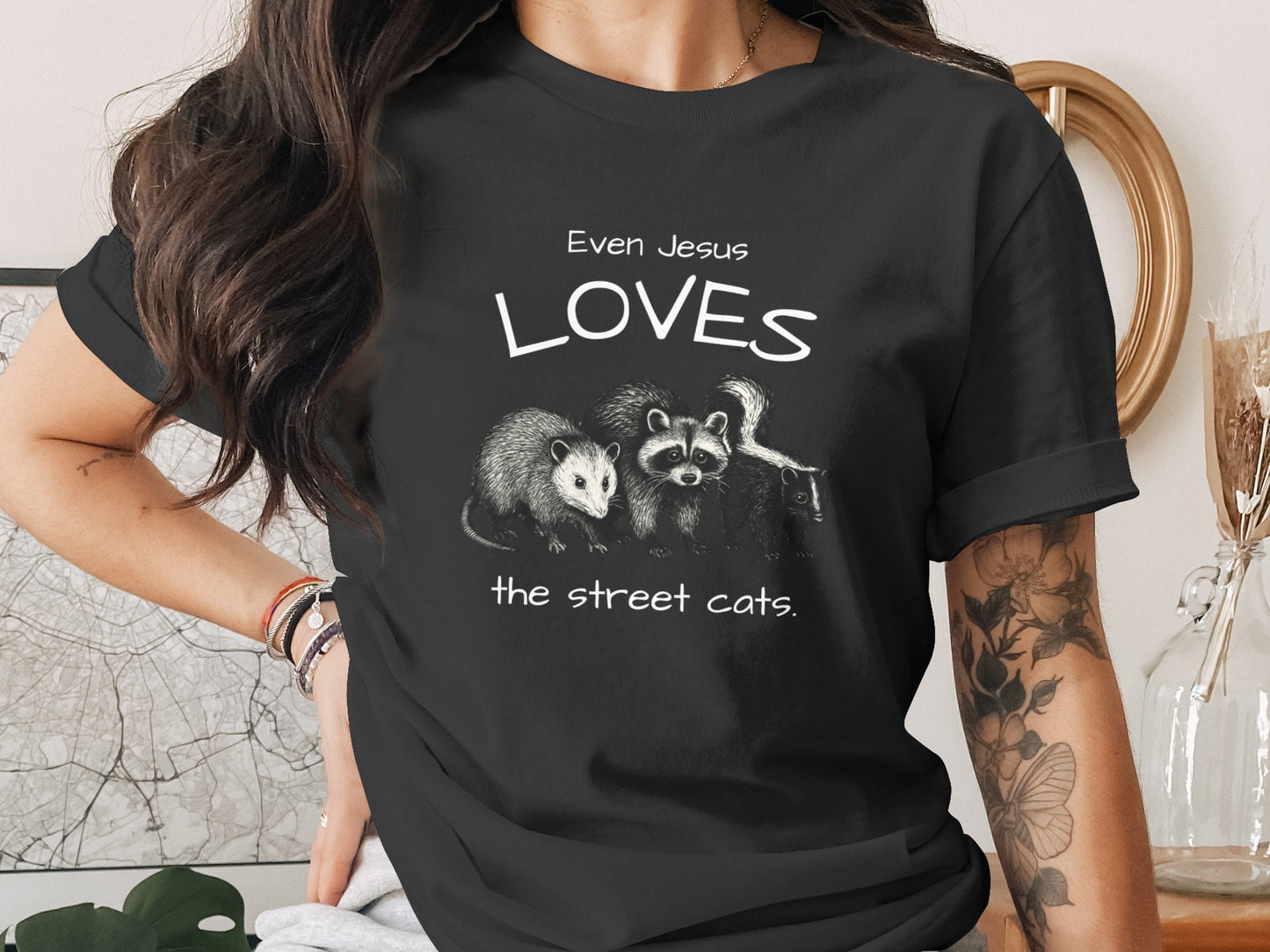Even Jesus Loves the Street Cats graphic tee
