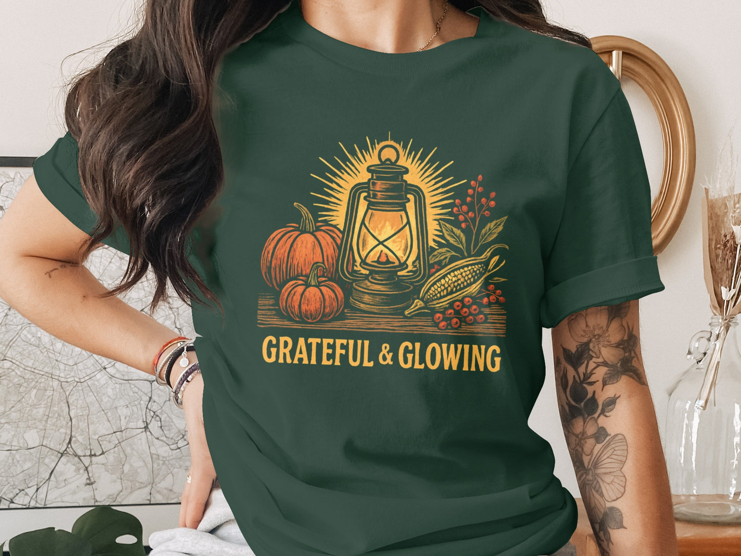 Grateful and Glowing Lantern Pumpkins Fall Shirt Product