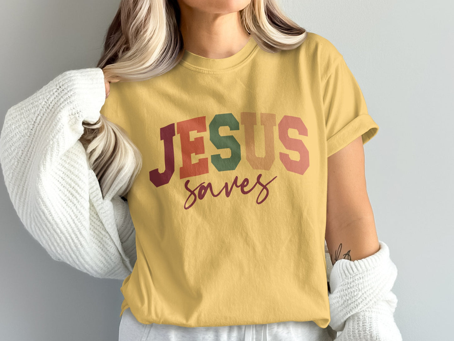 JESUS Saves Colorful Bold Text Graphic Shirt