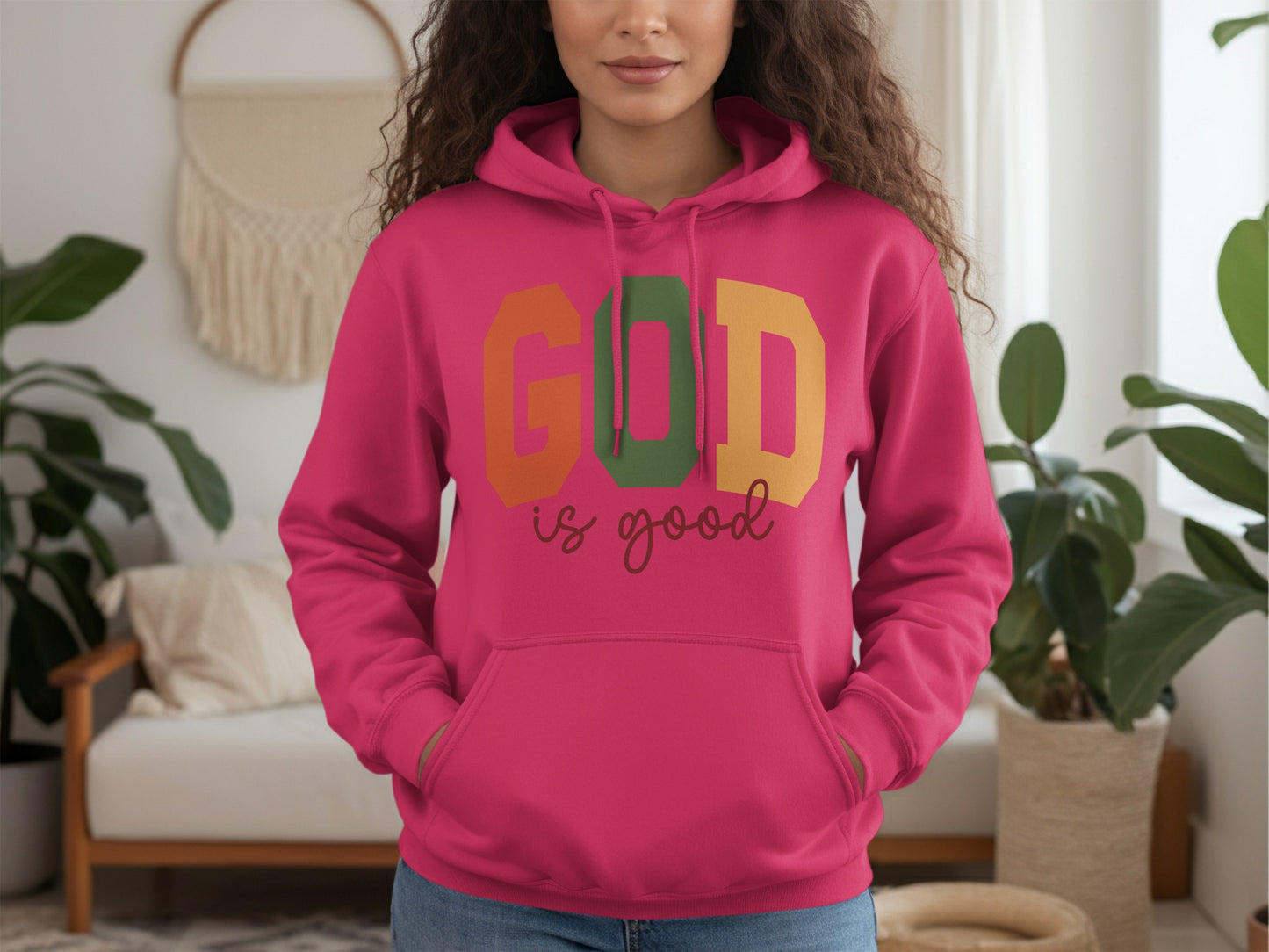 GOD is good vibrant pink hoodie product