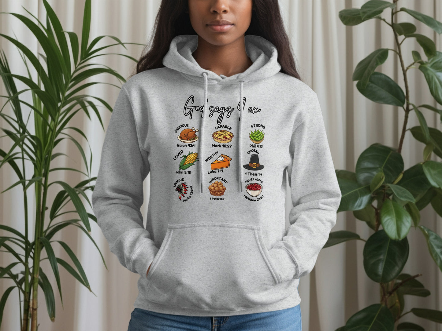 Gray hoodie with graphic food icons and text