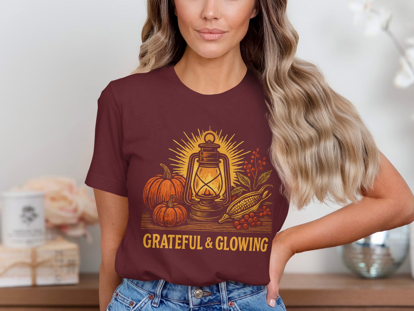 Grateful And Glowing Lantern Pumpkins Corn T-Shirt