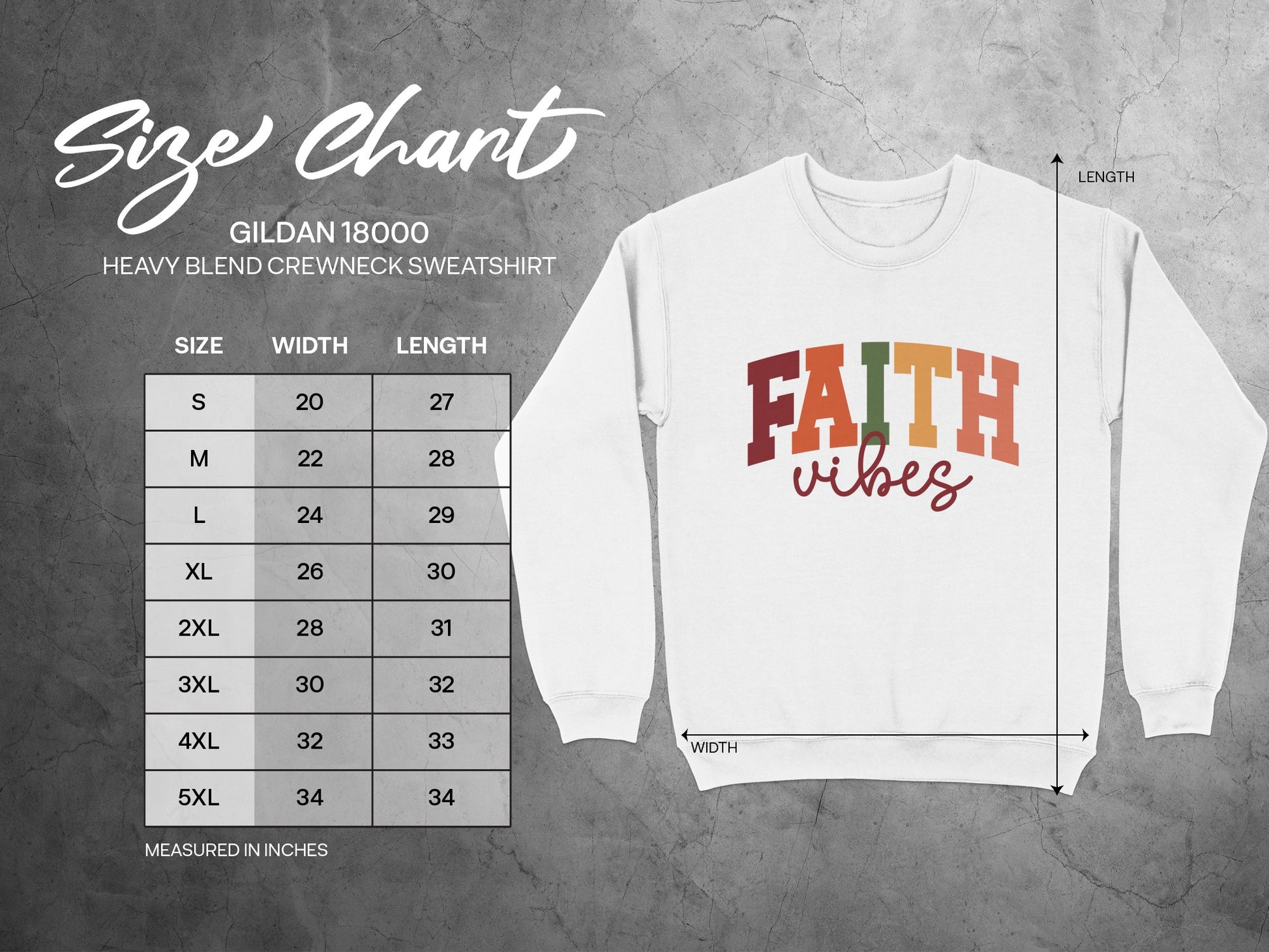 Colorful Faith Vibes Sweatshirt Size Guide Chart