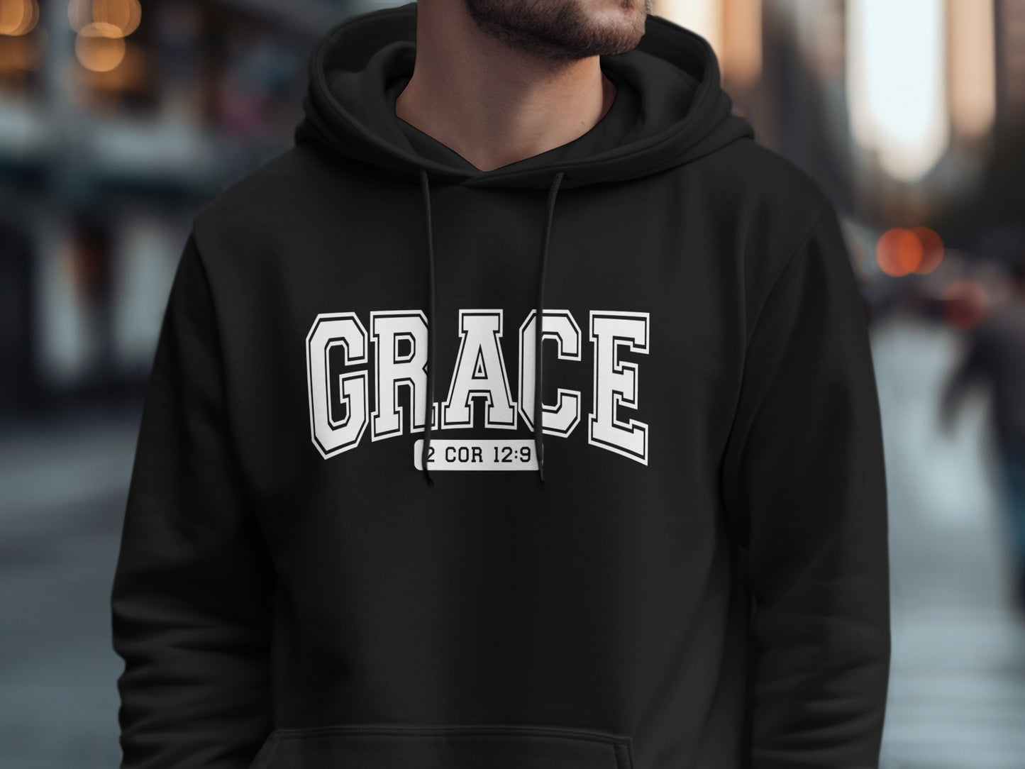 GRACE 2 COR 12:9 Hoodie with Bold Lettering Design