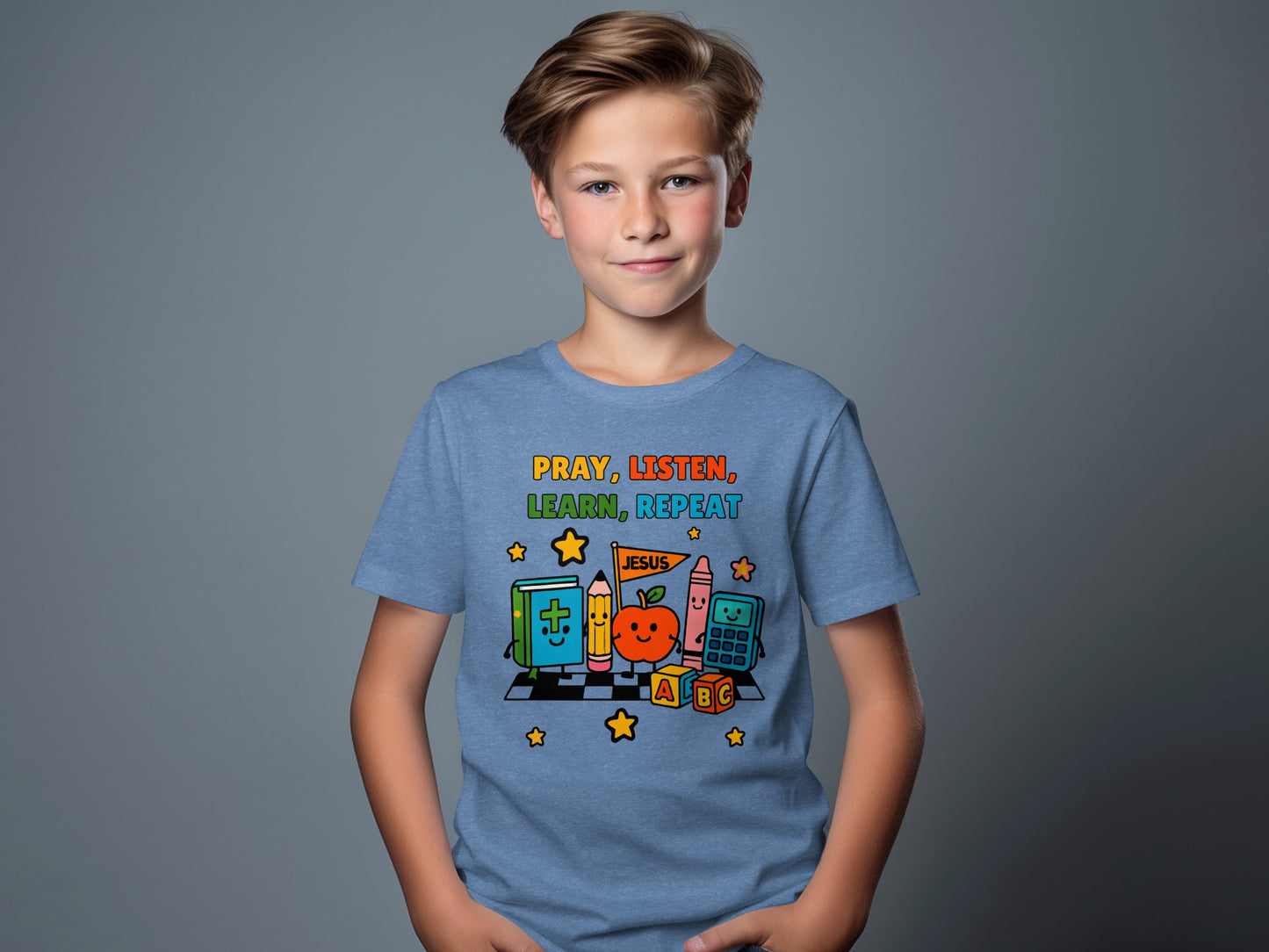 Pray Listen Learn Repeat Kids T-Shirt with Fun Graphic