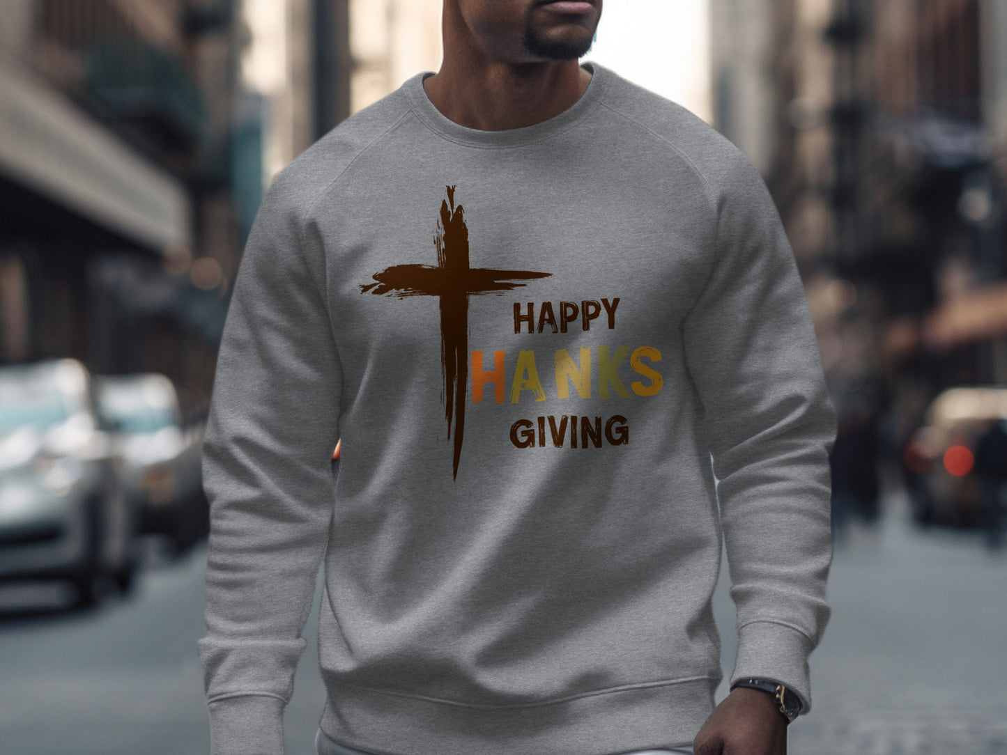 Happy Thanksgiving Sweatshirt with Cross Design