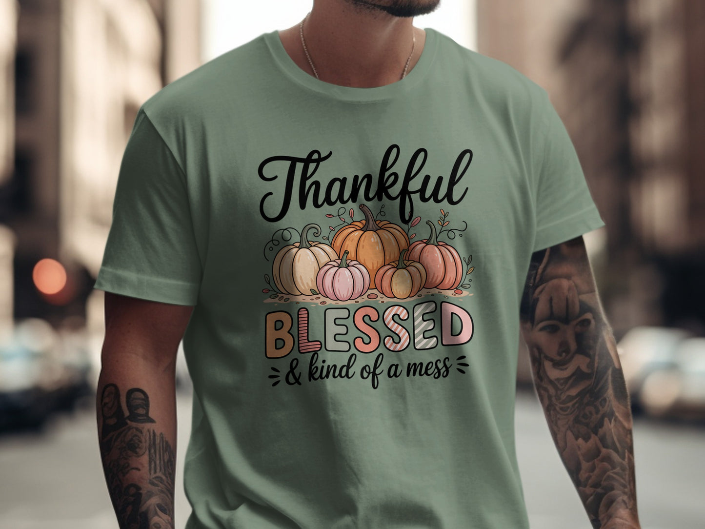 Thankful Blessed and Kind of a Mess Pumpkin T-shirt