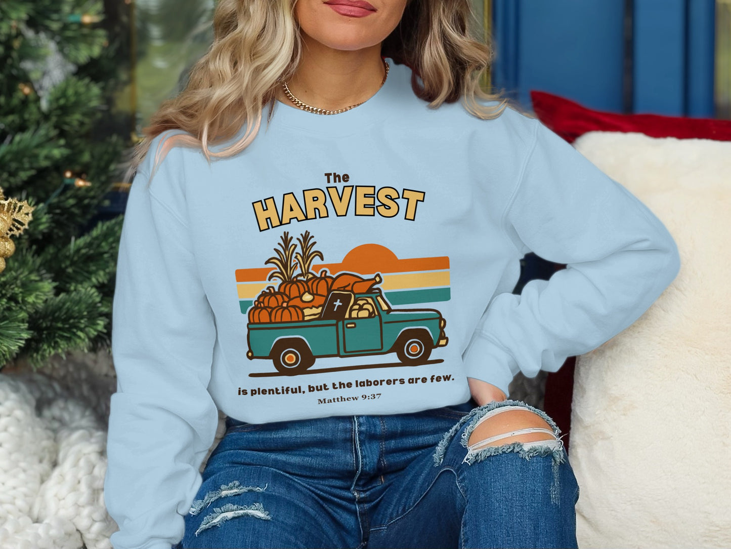 The Harvest Truck Graphic Sweatshirt with Bible Verse
