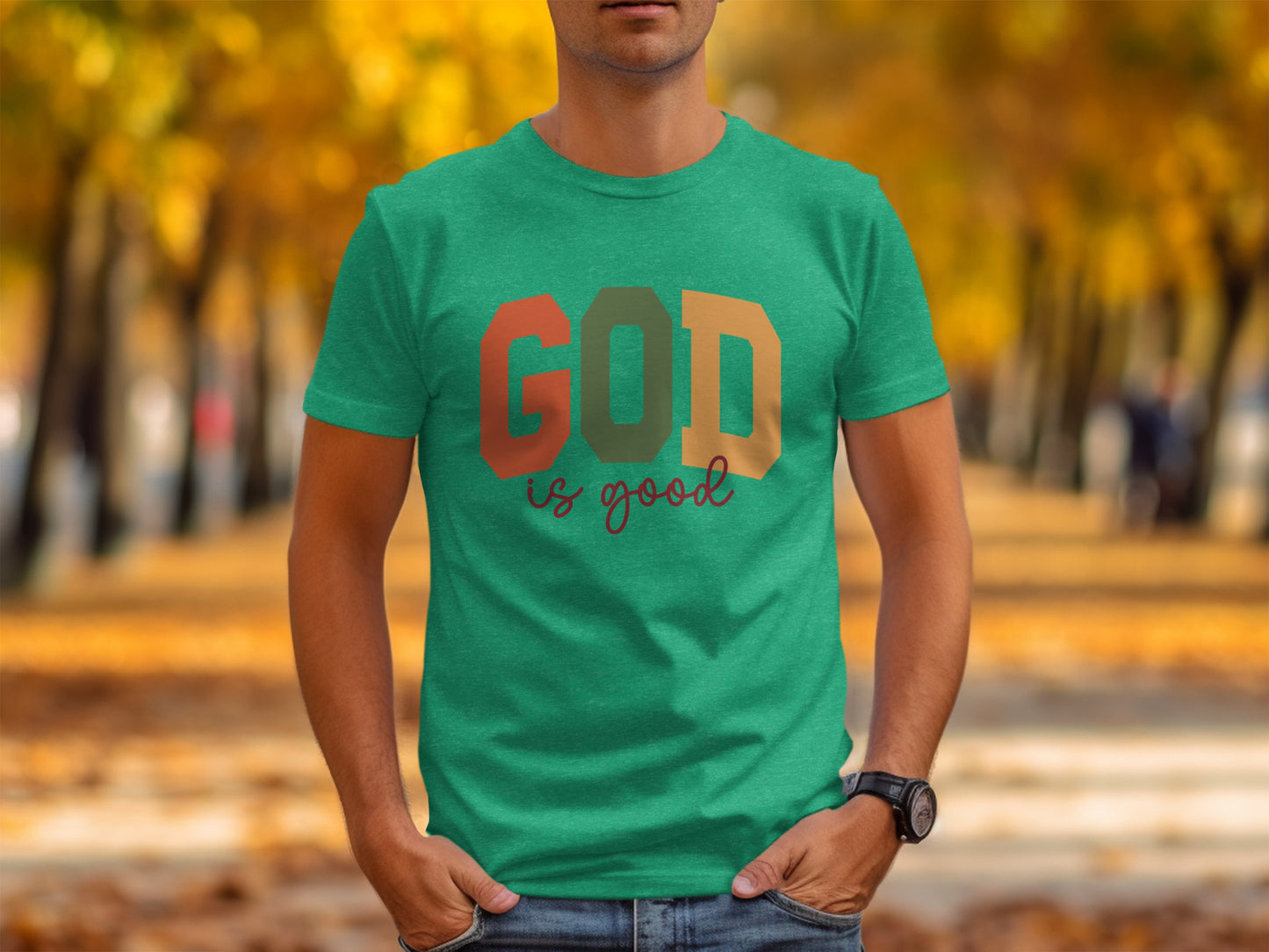 GOD is good multicolored bold text t-shirt product