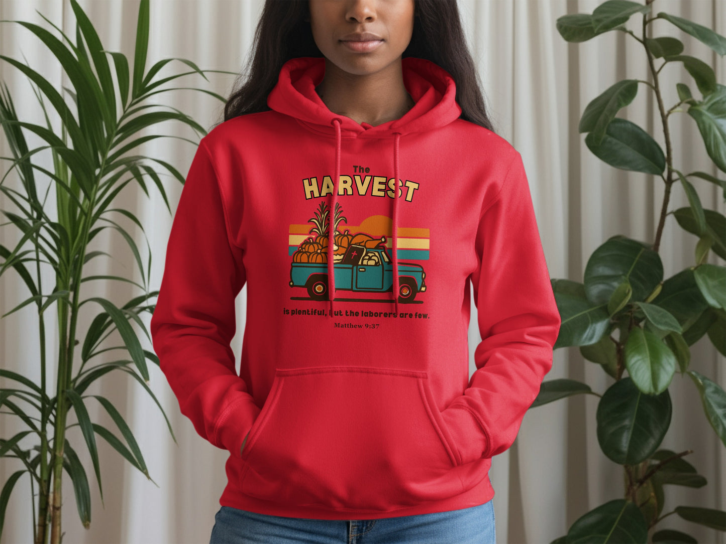 The Harvest Graphic Red Hoodie with Retro Truck Design