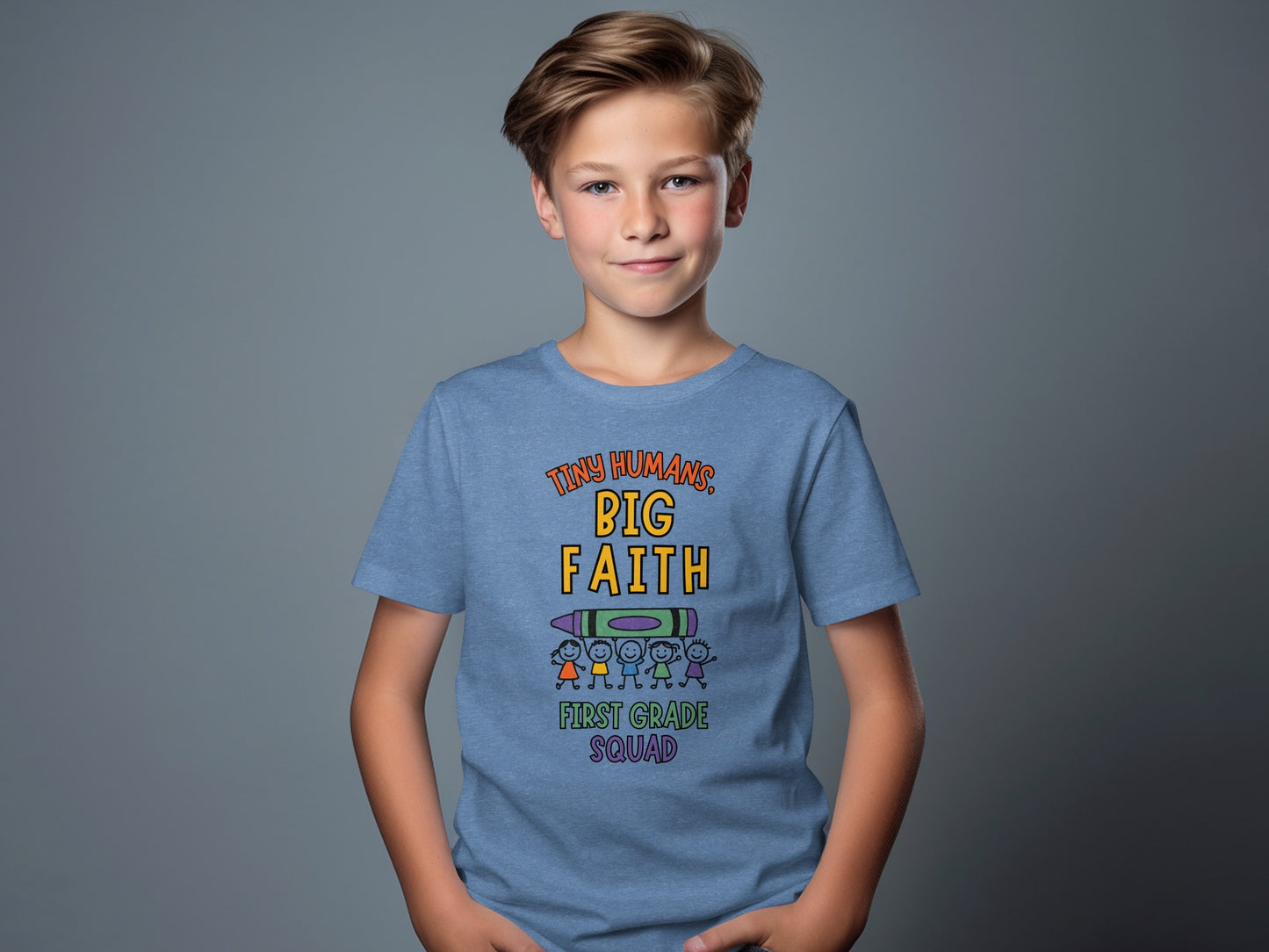 Tiny Humans Big Faith First Grade Squad shirt