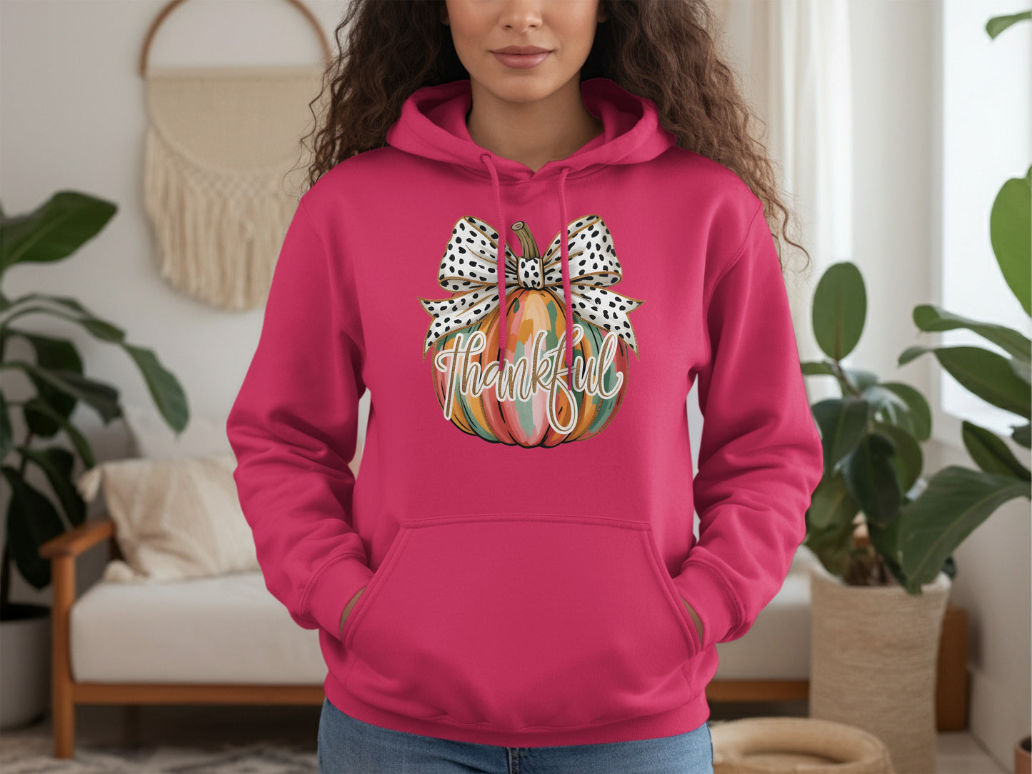 Pink Hoodie Featuring Pumpkin Design Thankful Theme