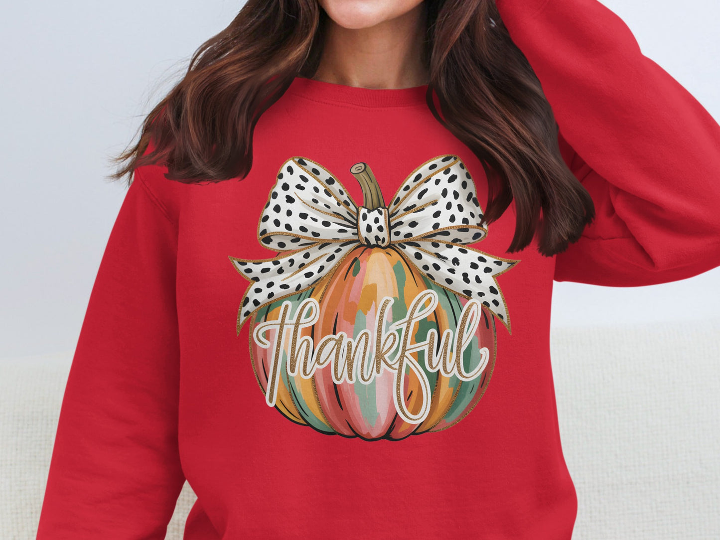 Thankful Pumpkin with Bow Graphic Red Sweatshirt