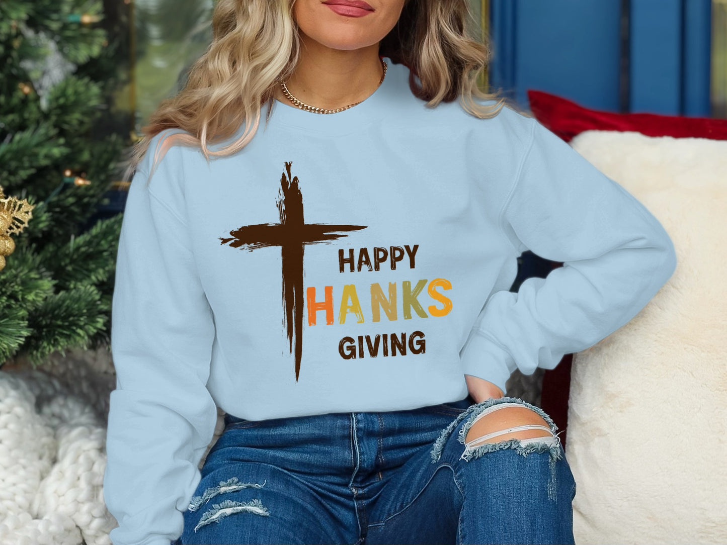Happy Thanksgiving Sweatshirt with Cross Design